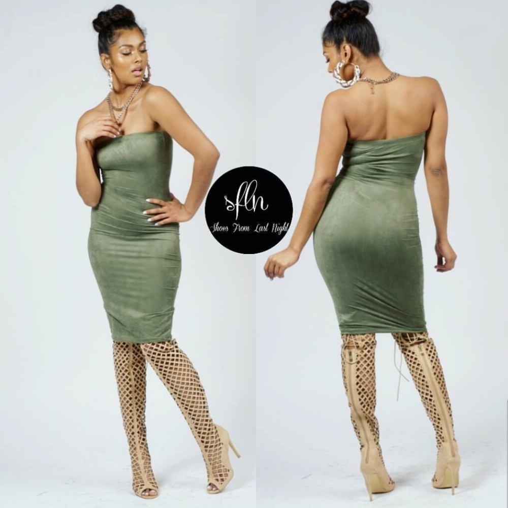 Olive Suede Tube Midi Dress